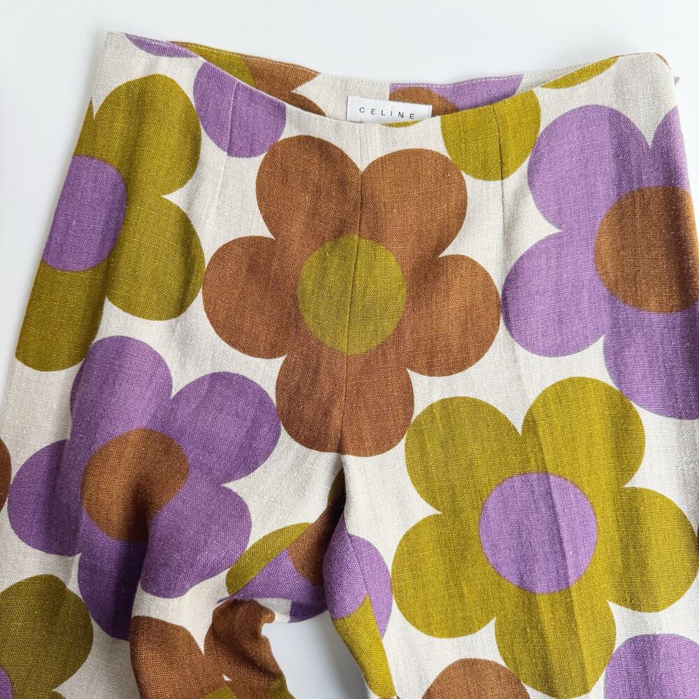 Vintage SS02 Celine Multicolor Mod Floral Linen Straight Leg Pants Size 38